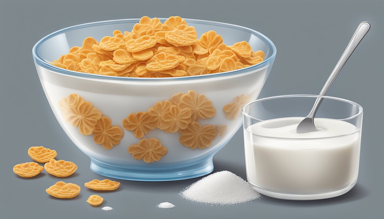 A bowl of frosted flakes cereal surrounded by a glass of milk, a spoon, and a measuring cup of sugar