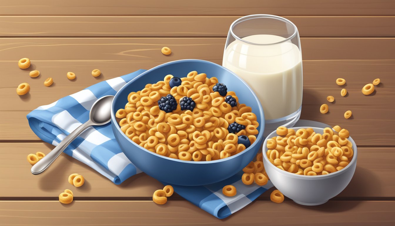 A bowl of Honey Nut Cheerios with milk, a spoon, and a scattering of fresh berries on a wooden table