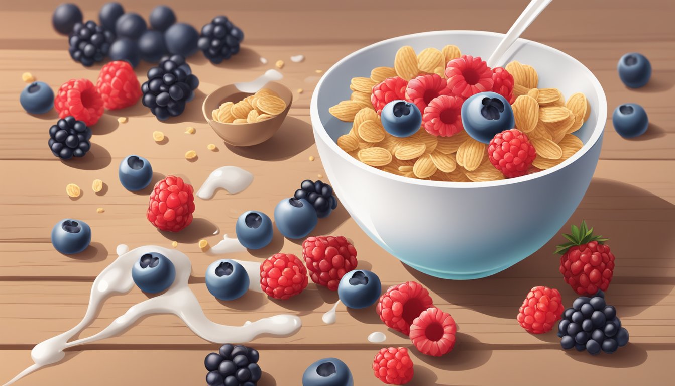 A bowl of Special K cereal surrounded by fresh berries and a glass of milk on a wooden table