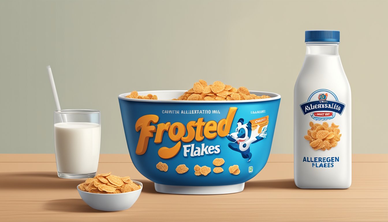 A bowl of frosted flakes with a milk carton beside it, and a small icon indicating allergen information on the cereal box