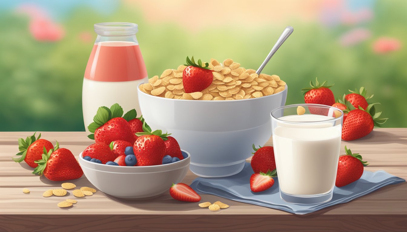 A bowl of Special K cereal surrounded by fresh strawberries and a glass of milk on a wooden table