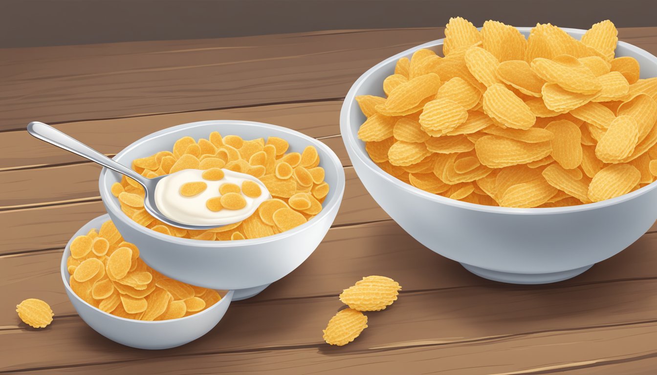 A bowl of frosted flakes next to a bowl of plain corn flakes, with a glass of milk and a spoon on a wooden table