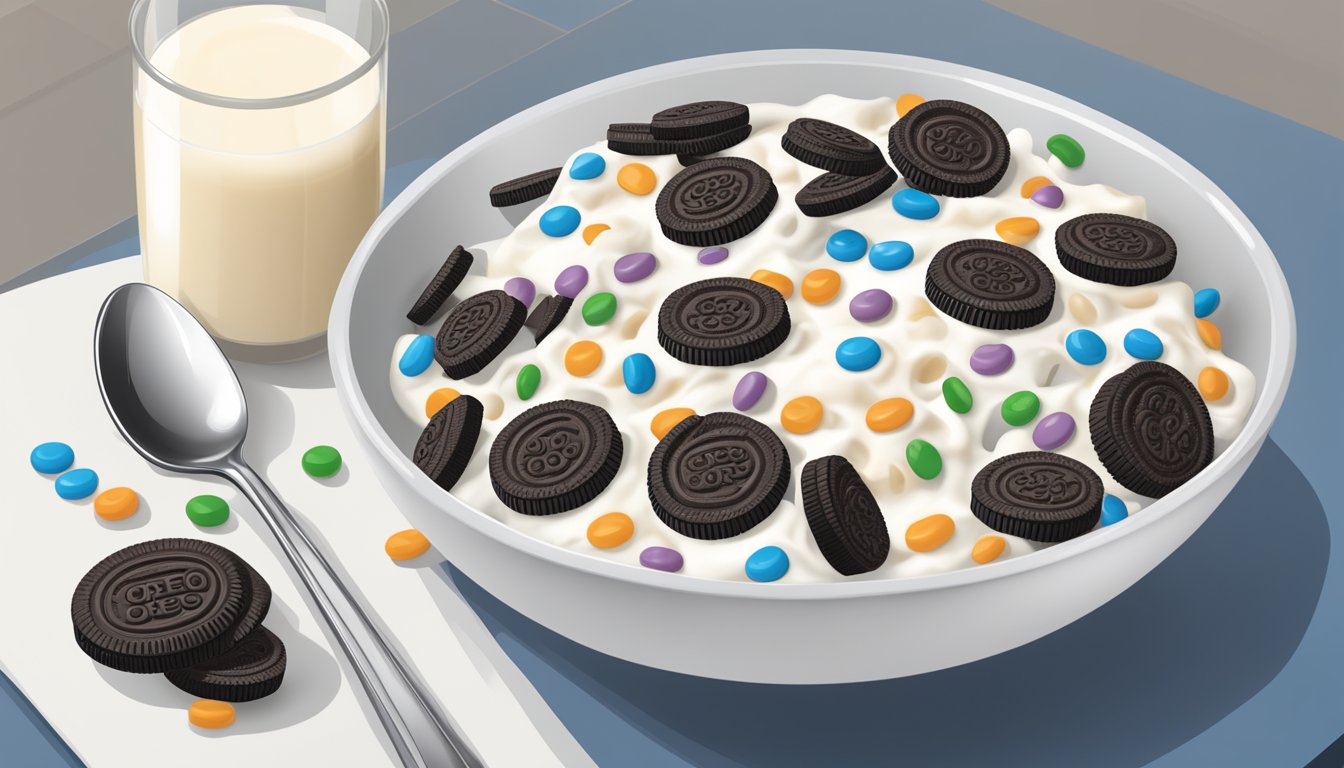 A bowl of Oreo O's cereal surrounded by a glass of milk, a spoon, and a nutritional label