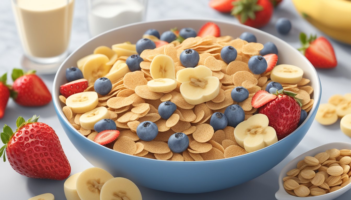 A bowl of Special K cereal surrounded by various ingredients such as milk, strawberries, and bananas, with a nutrition label in the background