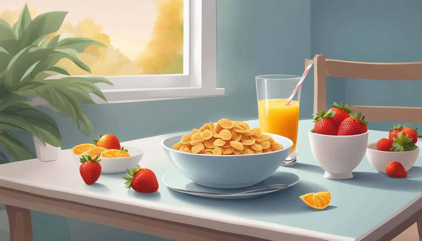 A bowl of Special K cereal with fresh strawberries and a glass of orange juice on a breakfast table