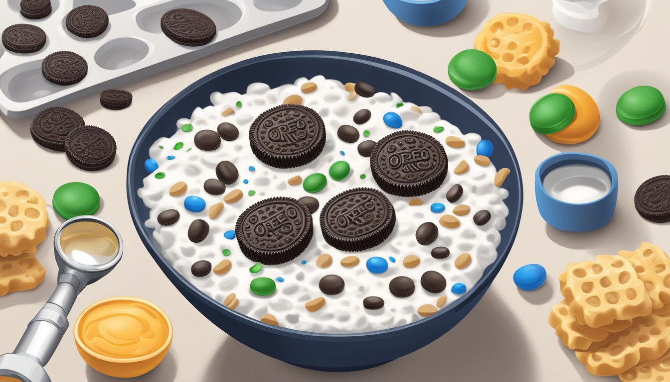 A bowl of Oreo O's cereal surrounded by scattered nutritional information and ingredients, with a magnifying glass examining the details