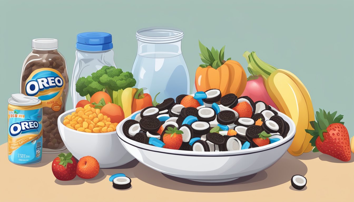 A bowl of Oreo O's cereal surrounded by fresh fruits and vegetables, a glass of water, and a vitamin bottle