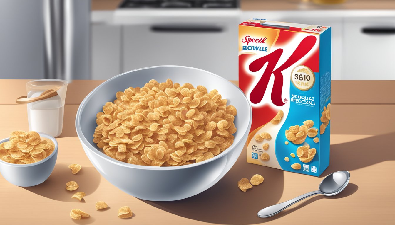 A bowl of Special K cereal with a box and spoon on a kitchen counter