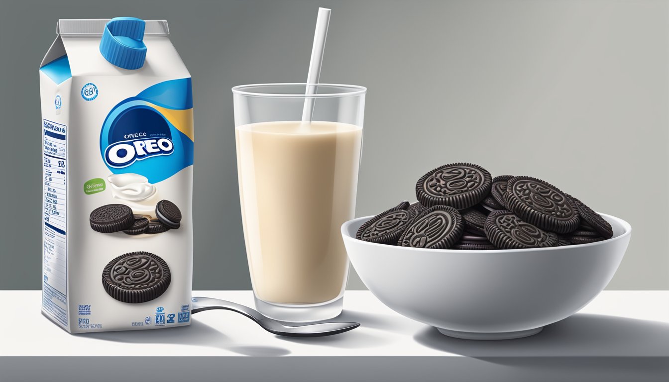 A bowl of Oreo O's cereal sits next to a glass of milk, with a spoon resting on the side. A nutrition label is visible on the cereal box