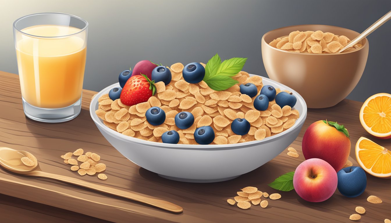 A bowl of All Bran cereal surrounded by various fruits and a glass of milk on a wooden table