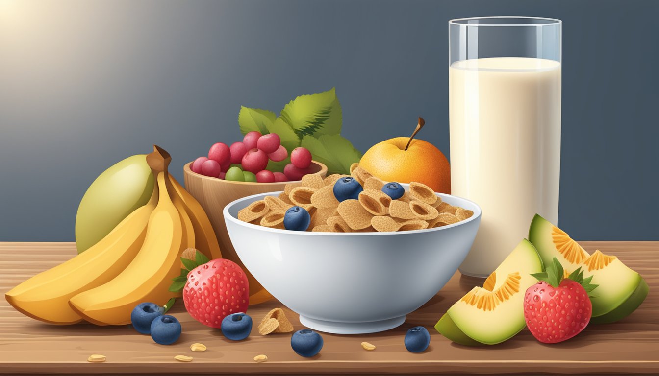 A bowl of All Bran cereal surrounded by fresh fruits and a glass of milk on a wooden table