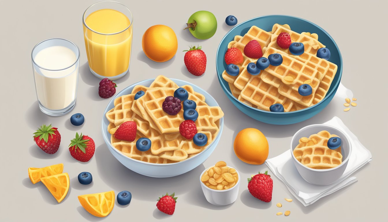 A bowl of Waffle Crisp cereal surrounded by a variety of fresh fruits and a glass of milk, with the nutrition label visible