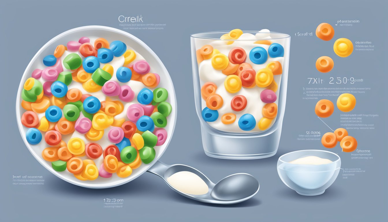 A bowl of Trix cereal surrounded by a glass of milk, a spoon, and a measuring cup displaying the nutritional information