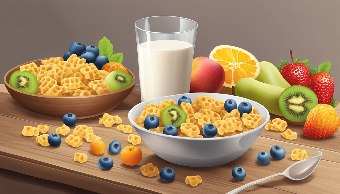 A bowl of waffle crisp cereal surrounded by fresh fruits and a glass of milk on a wooden table