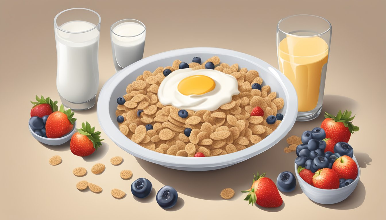 A bowl of All-Bran cereal surrounded by a variety of fresh fruits and a glass of milk, with a nutrition label in the background