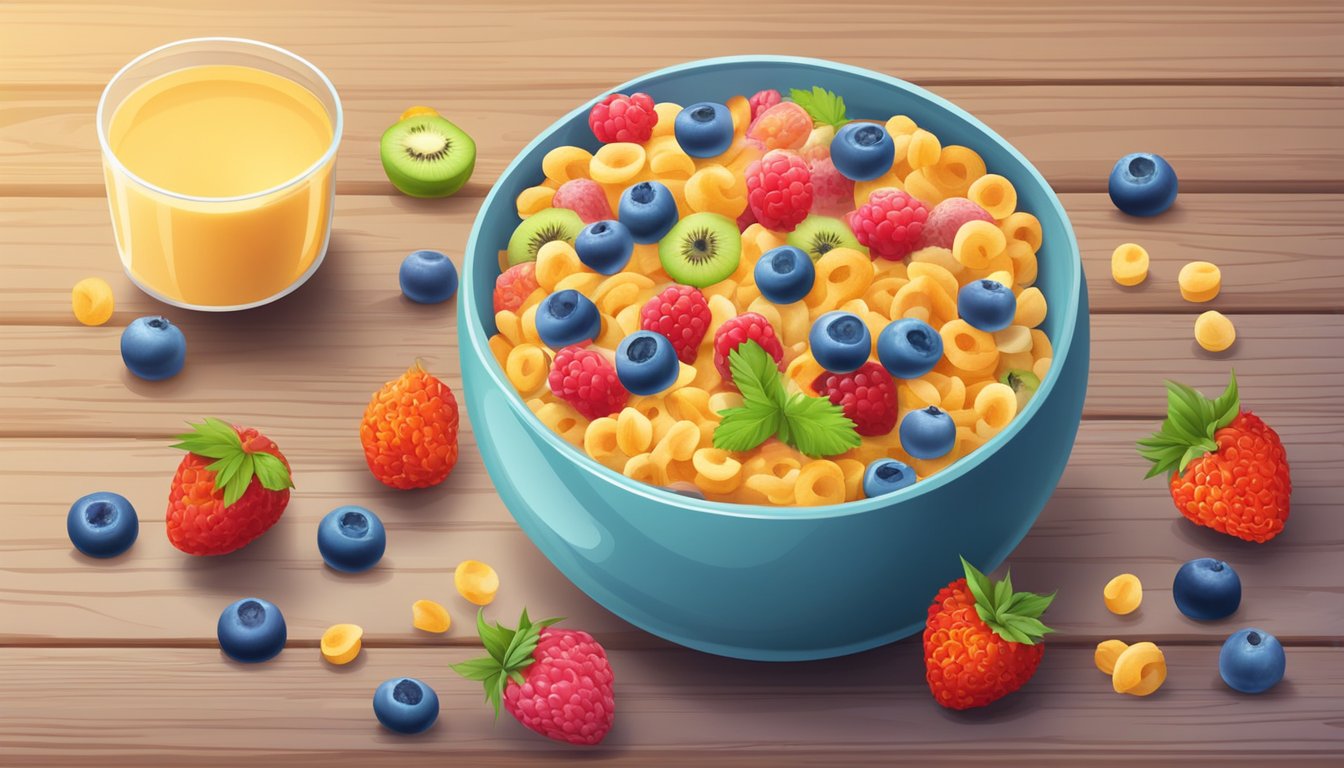 A bowl of colorful cereal surrounded by fresh fruits and a glass of milk on a wooden table