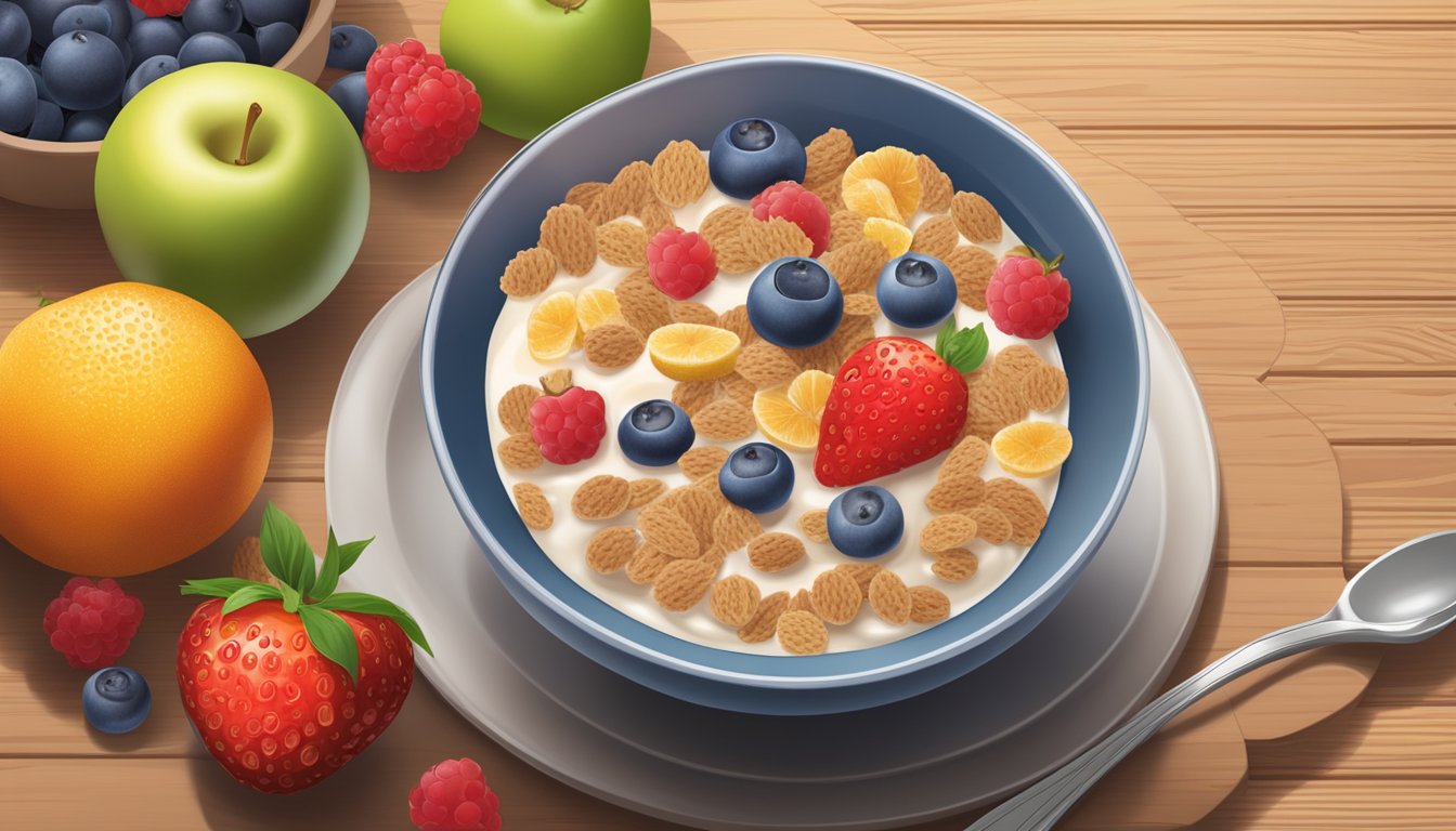 A bowl of All-Bran cereal with a spoon, surrounded by a variety of fresh fruits and a glass of milk on a wooden table