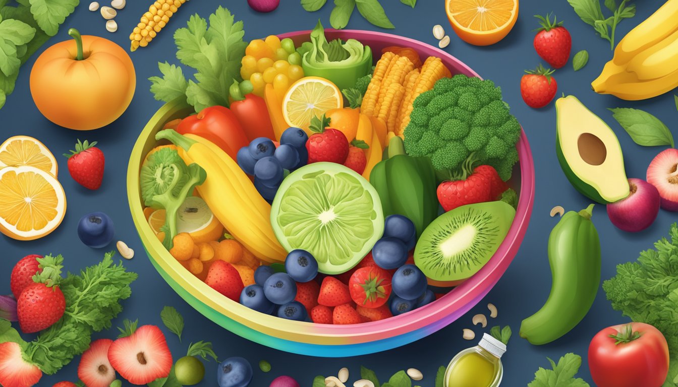 A colorful bowl filled with fruits, vegetables, and grains, with a variety of dietary supplements and vitamins scattered around it