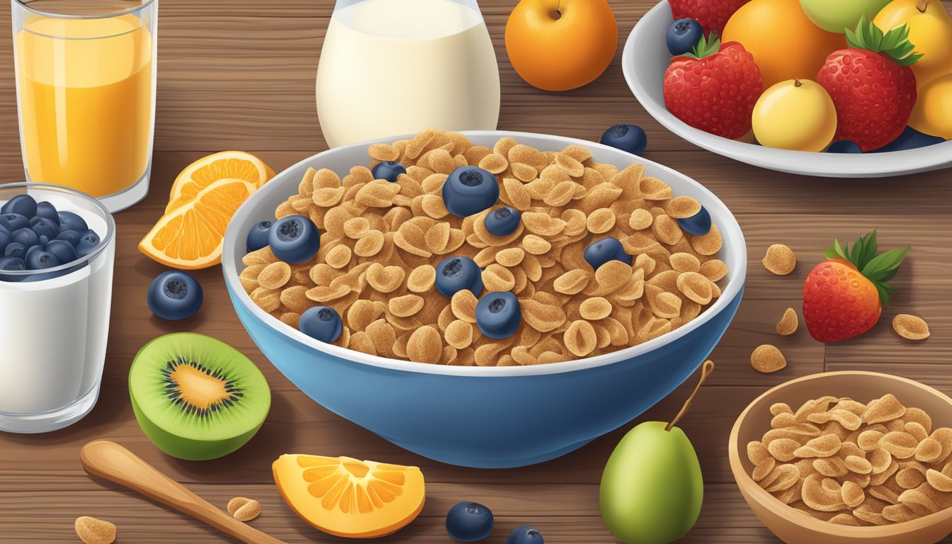 A bowl of All Bran cereal surrounded by various fruits and a glass of milk on a wooden table