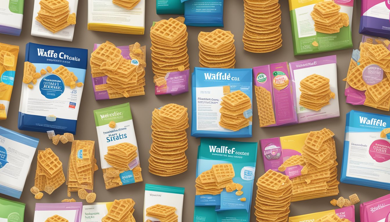 A stack of waffle crisp cereal boxes surrounded by various regulatory and certification documents