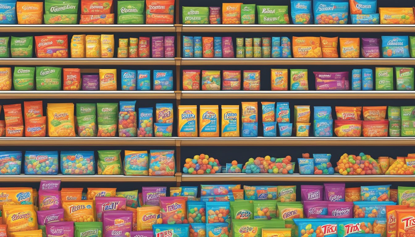 A grocery store shelf stocked with colorful boxes of Trix cereal and a sign indicating availability