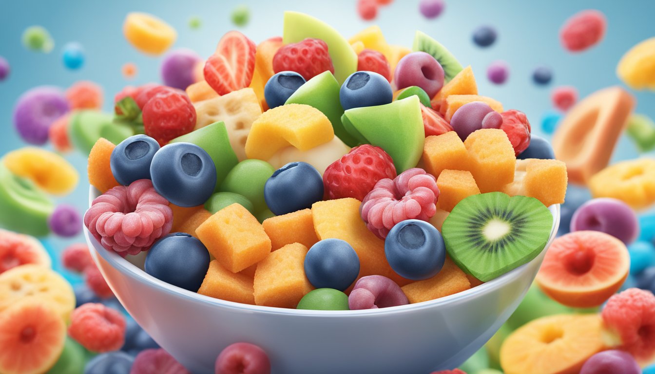 A colorful bowl of Trix cereal surrounded by a variety of fresh fruits and a glass of milk, with the Trix logo visible in the background