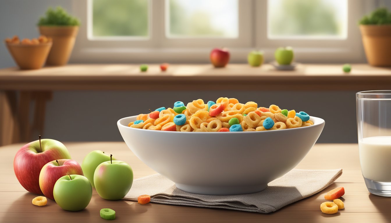 A bowl of Kellogg's Apple Jacks cereal surrounded by fresh apples and a glass of milk on a wooden breakfast table