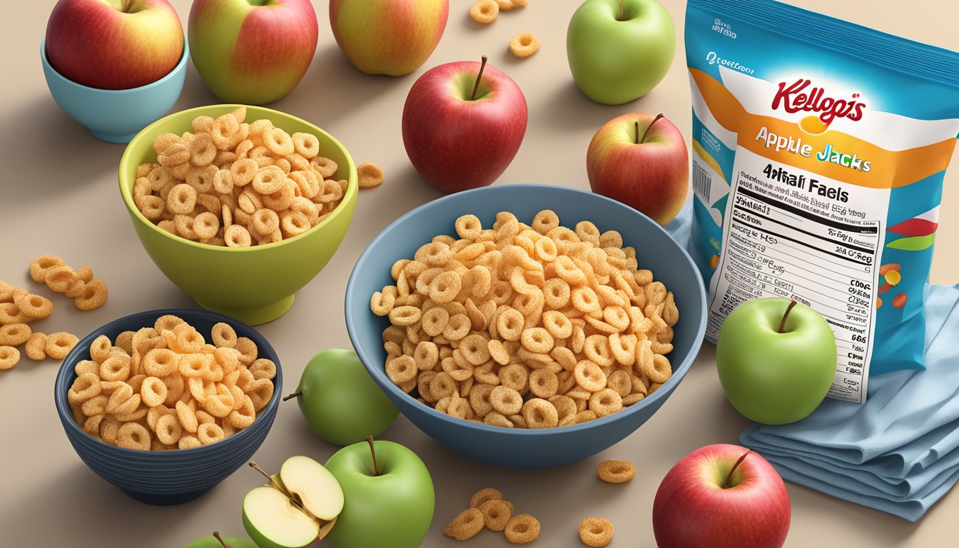 A bowl of Kellogg's Apple Jacks cereal surrounded by fresh apples and a nutrition label