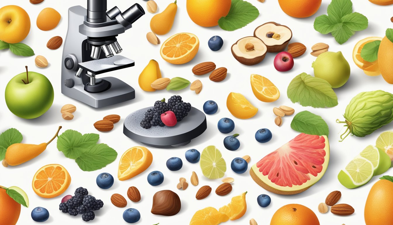 A microscope zooms in on a colorful array of food ingredients, including fruits, nuts, and grains, laid out on a clean white surface for analysis