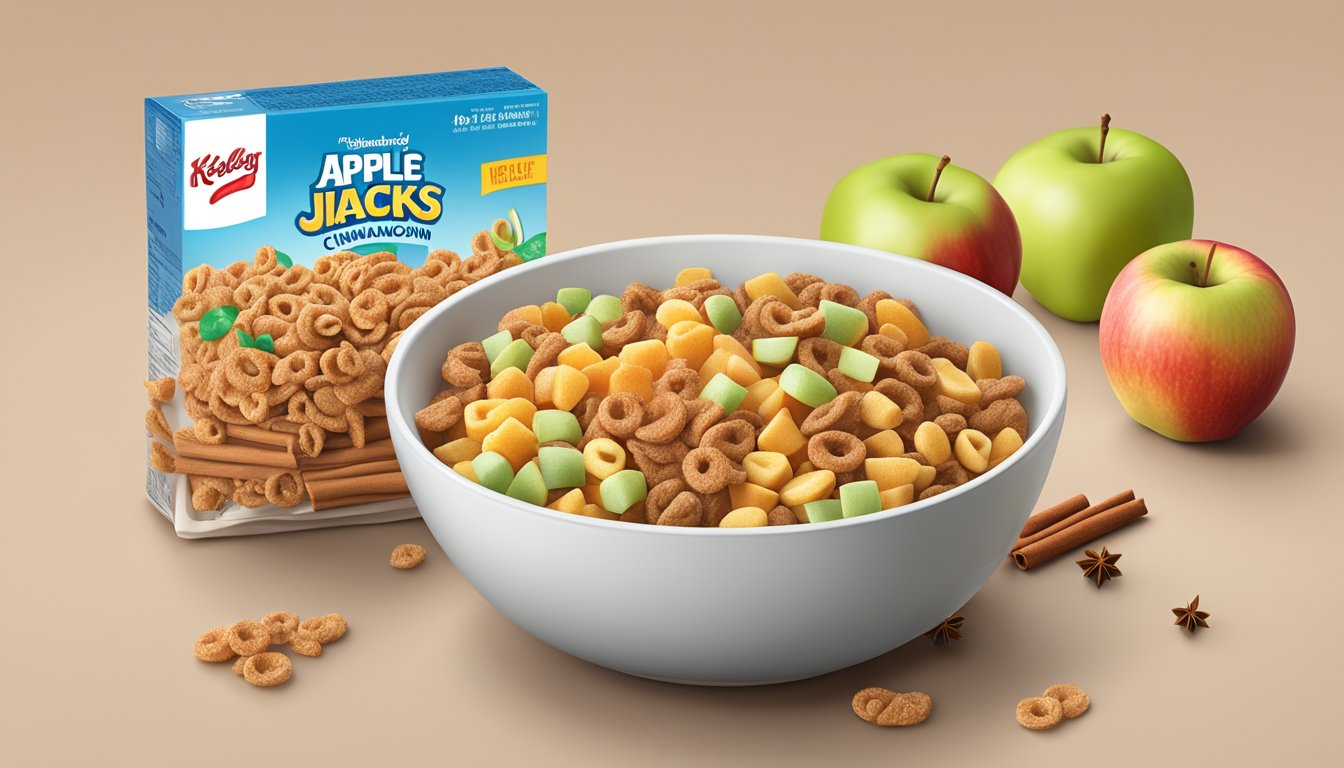 A bowl of Kellogg's Apple Jacks cereal surrounded by apples and cinnamon sticks, with a nutrition label in the background