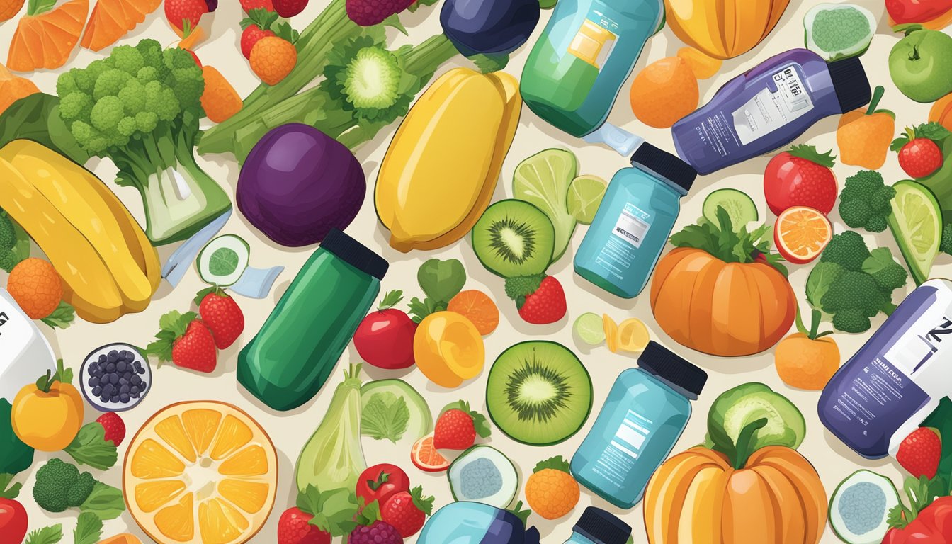 A colorful array of fresh fruits and vegetables arranged around a bottle of Krave Nutrition supplements, with a measuring tape and a scale nearby