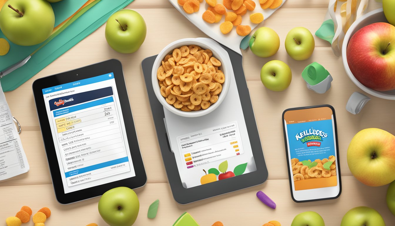 A bowl of Kellogg's Apple Jacks cereal surrounded by apples and a tablet displaying nutrition information