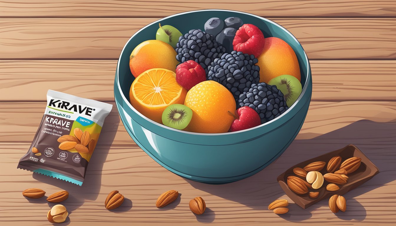 A colorful bowl of assorted fruits and nuts, with a box of Krave Nutrition bars placed next to it on a wooden table