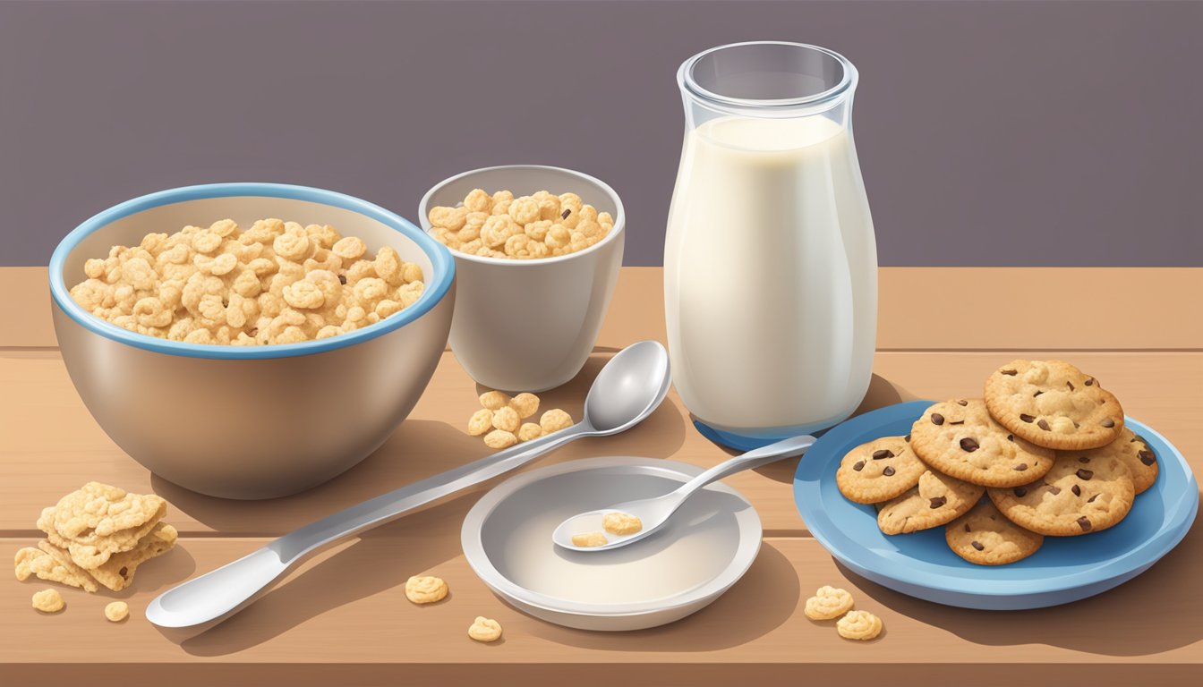 A bowl of Cookie Crisp cereal surrounded by milk, a spoon, and a measuring cup displaying the nutritional profile