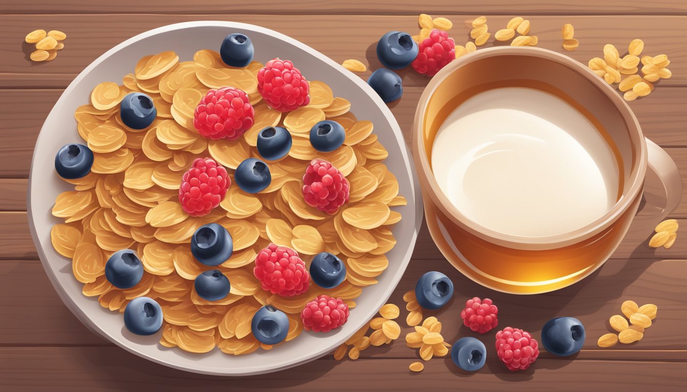 A bowl of honey bunches of oats cereal surrounded by fresh berries and a glass of milk on a wooden table