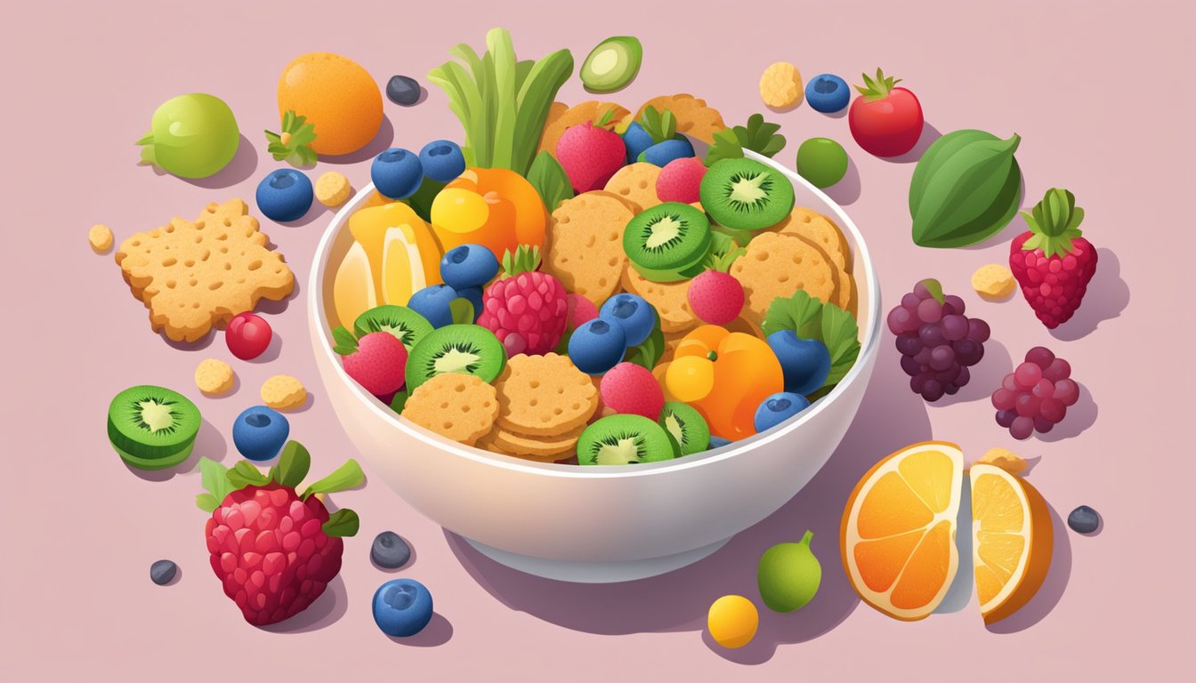 A bowl of cookie crisps surrounded by colorful fruits and vegetables, with vitamin and mineral supplements scattered around