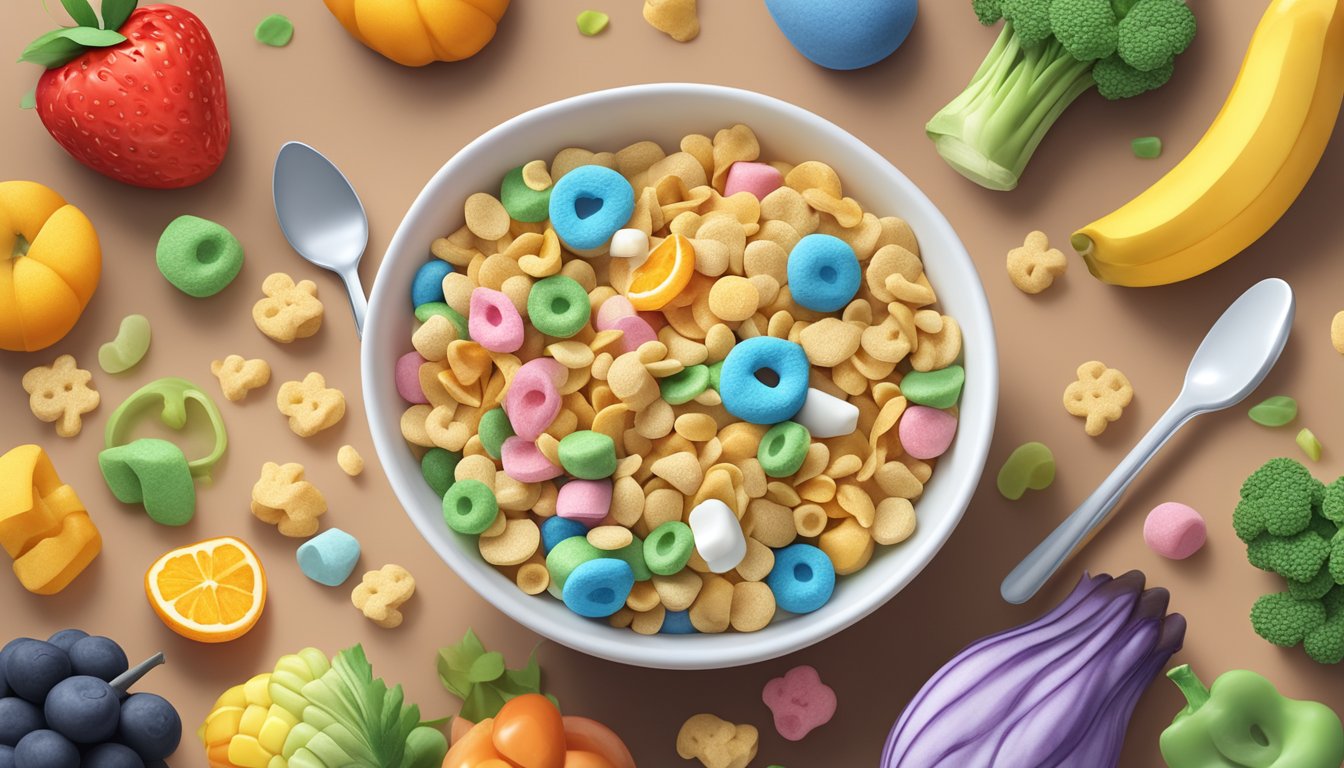 A bowl of Lucky Charms cereal with colorful marshmallow shapes and a spoon, surrounded by various fruits and vegetables representing the vitamins and minerals content