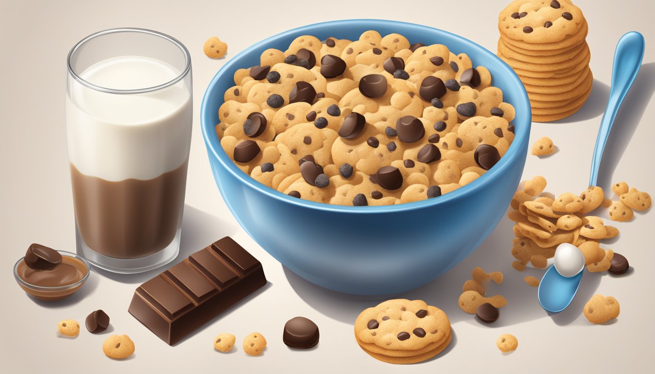 A bowl of Cookie Crisp cereal surrounded by various ingredients like milk, chocolate chips, and a measuring spoon