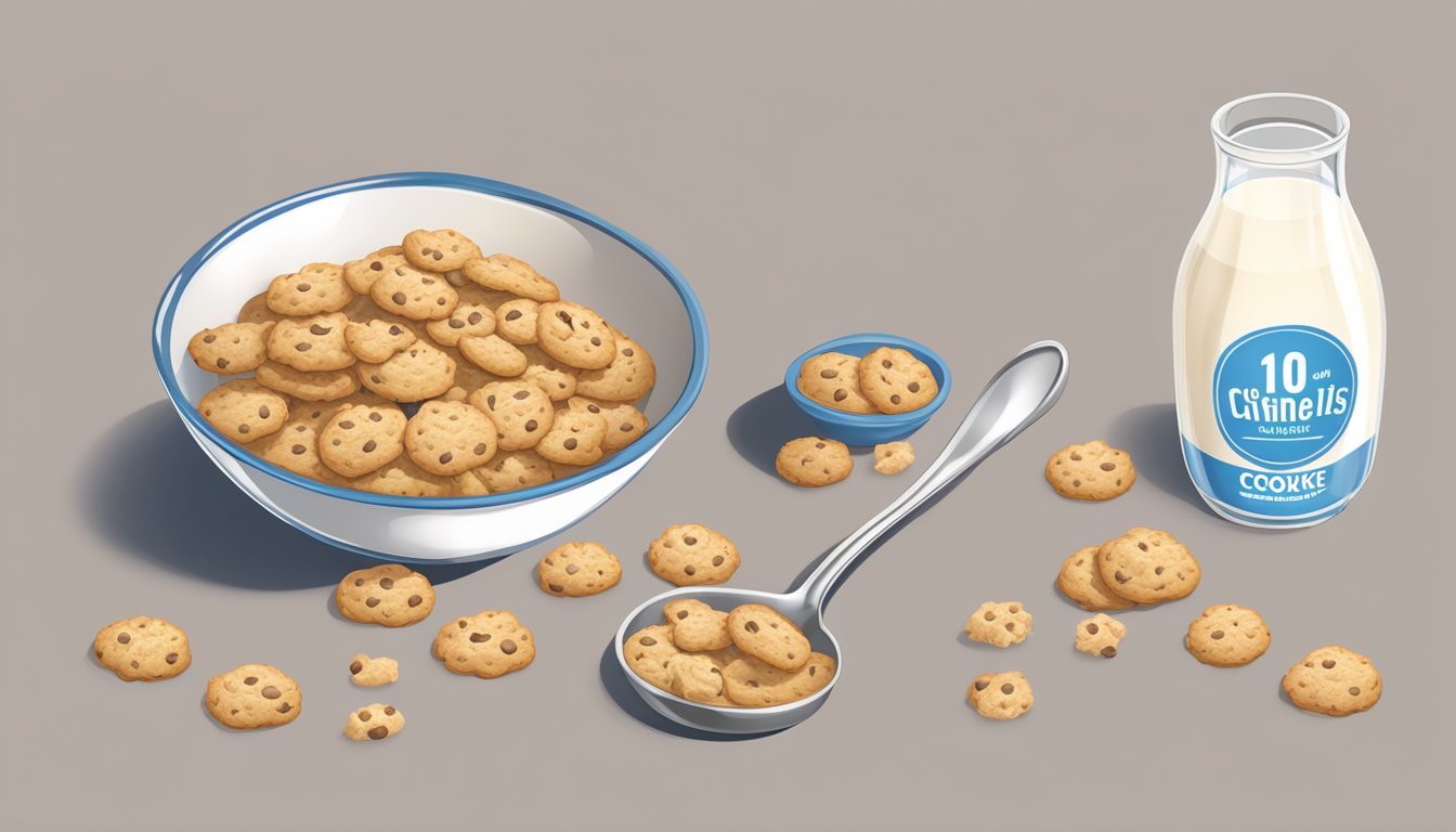 A bowl of Cookie Crisp cereal surrounded by a glass of milk, a spoon, and a nutritional information label