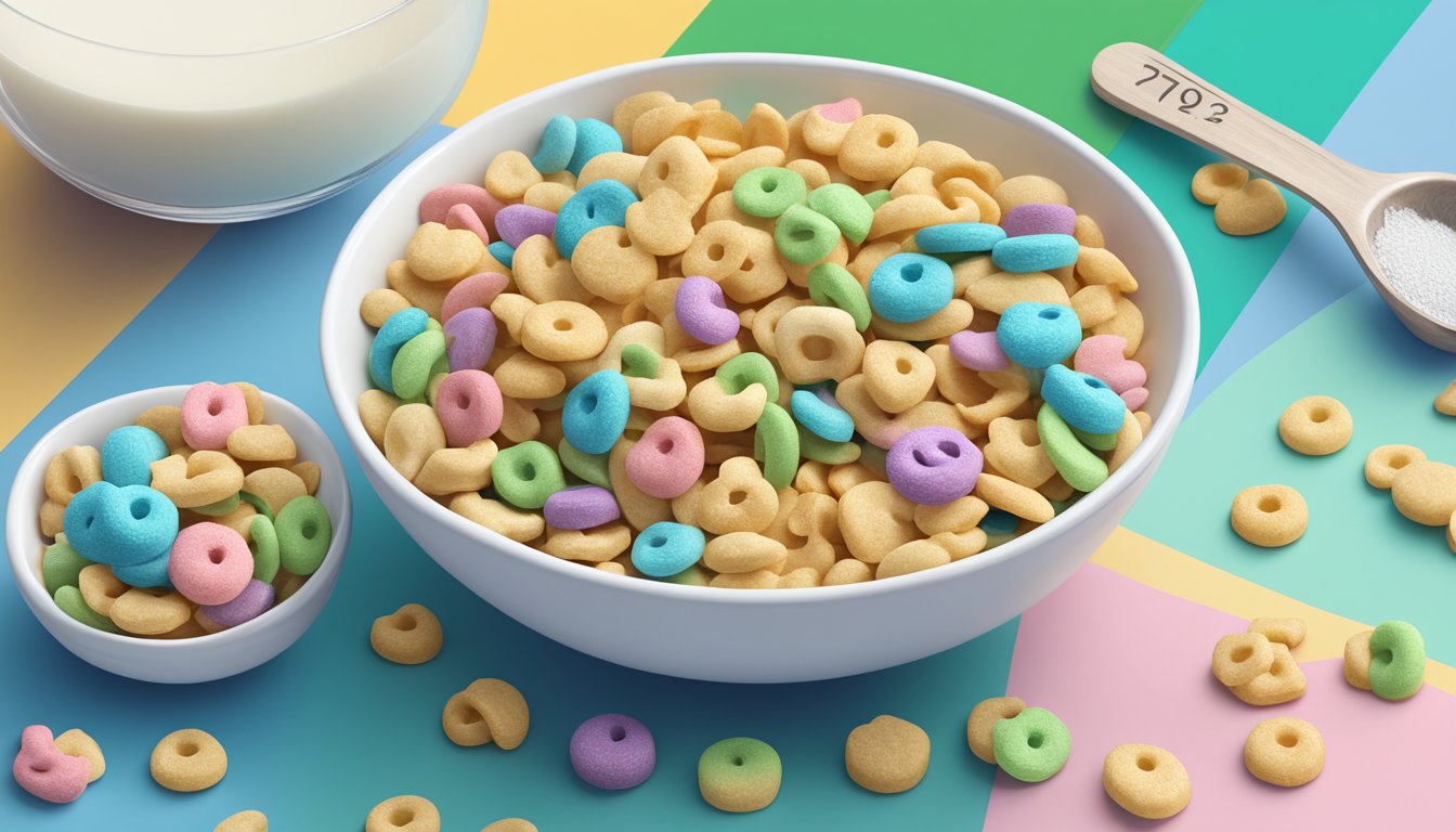 A bowl of lucky charms cereal with milk, a spoon, and a measuring cup of macronutrients and energy displayed next to it