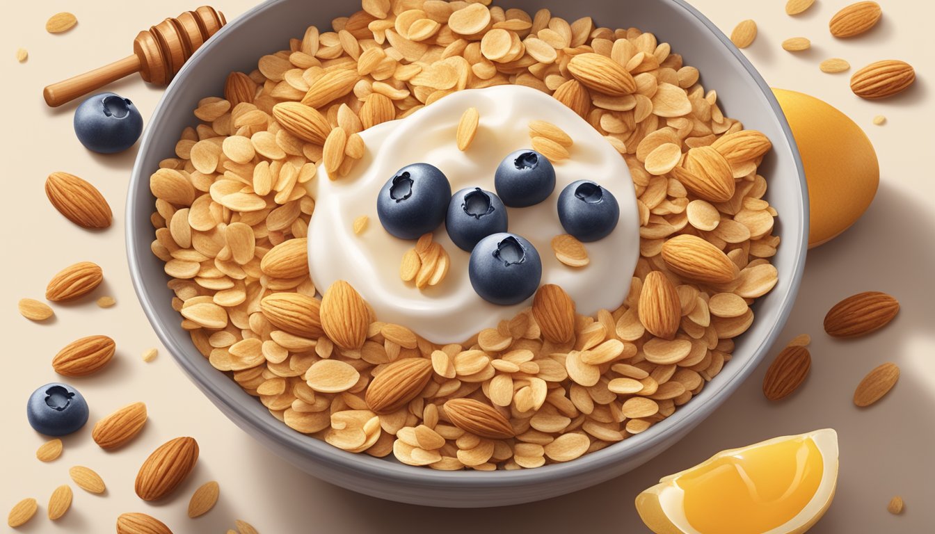 A bowl of honey bunches of oats cereal surrounded by fresh ingredients like oats, honey, and almonds