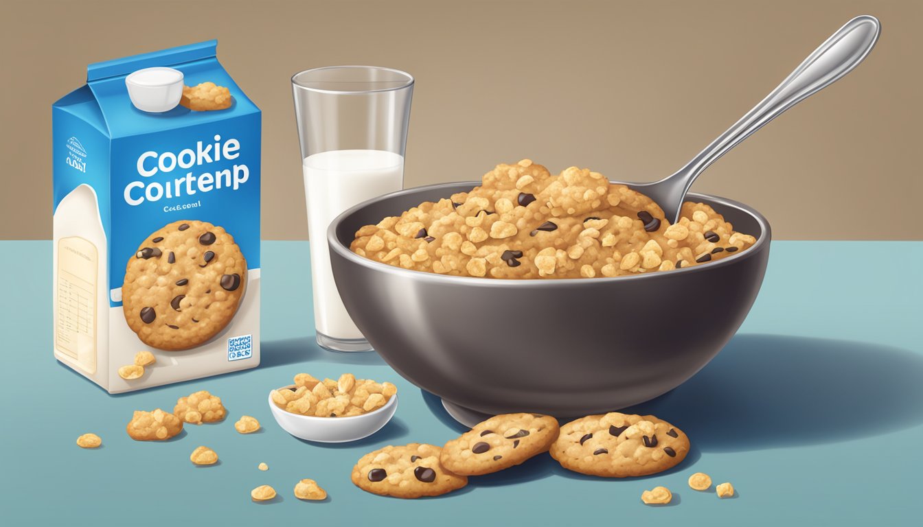 A bowl of Cookie Crisp cereal with a spoon, milk carton, and nutrition label on a table