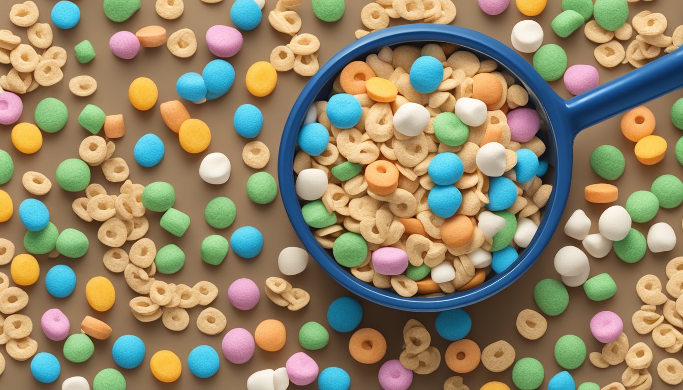 A bowl of Lucky Charms cereal surrounded by scattered marshmallows and whole grain oats. A nutrition label and magnifying glass lay nearby for analysis