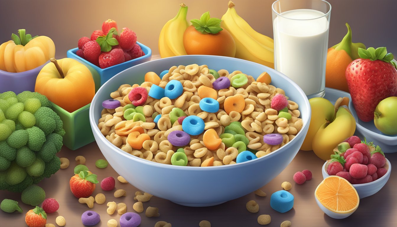 A bowl of Lucky Charms cereal surrounded by a variety of fruits and vegetables, with a glass of milk on the side