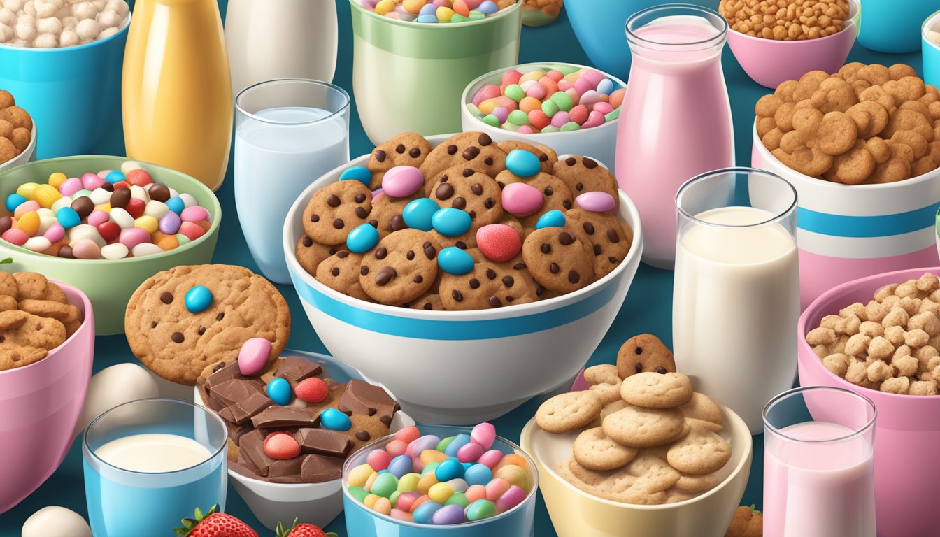 A bowl of Cookie Crisp cereal surrounded by a variety of different flavored milk options, such as chocolate, strawberry, and vanilla