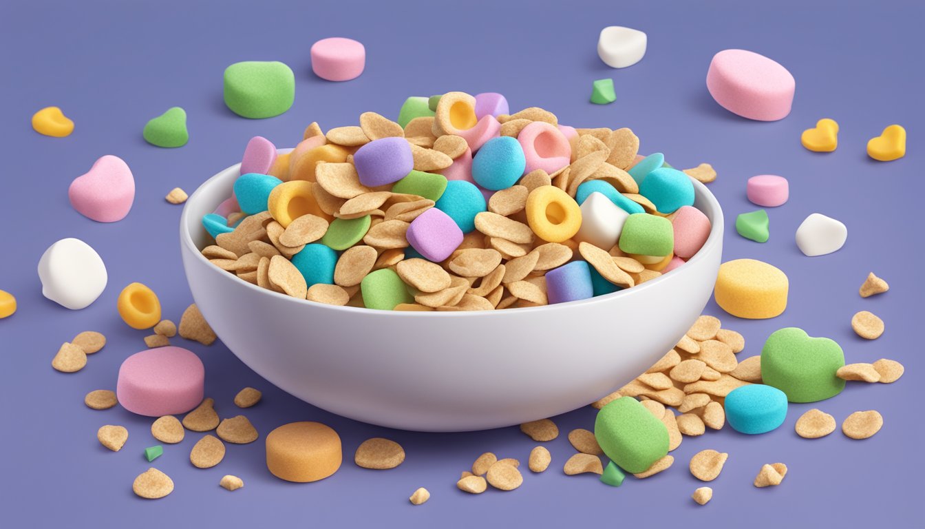 A bowl of Lucky Charms cereal with milk, surrounded by colorful marshmallow shapes and toasted oat pieces