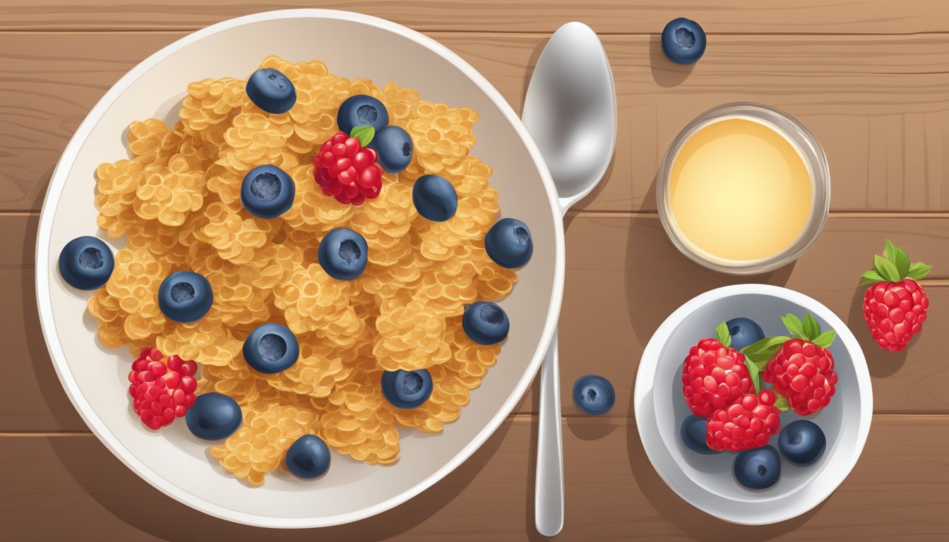 A bowl of Honey Bunches of Oats cereal with fresh berries and a glass of milk on a wooden table