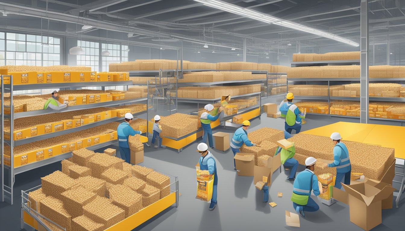 A busy factory with workers packaging boxes of honey bunches of oats cereal, while a large sign displays the nutrition facts of the product