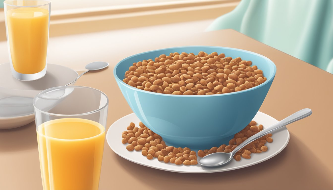 A bowl of cocoa pebbles cereal surrounded by milk, a spoon, and a glass of orange juice on a breakfast table