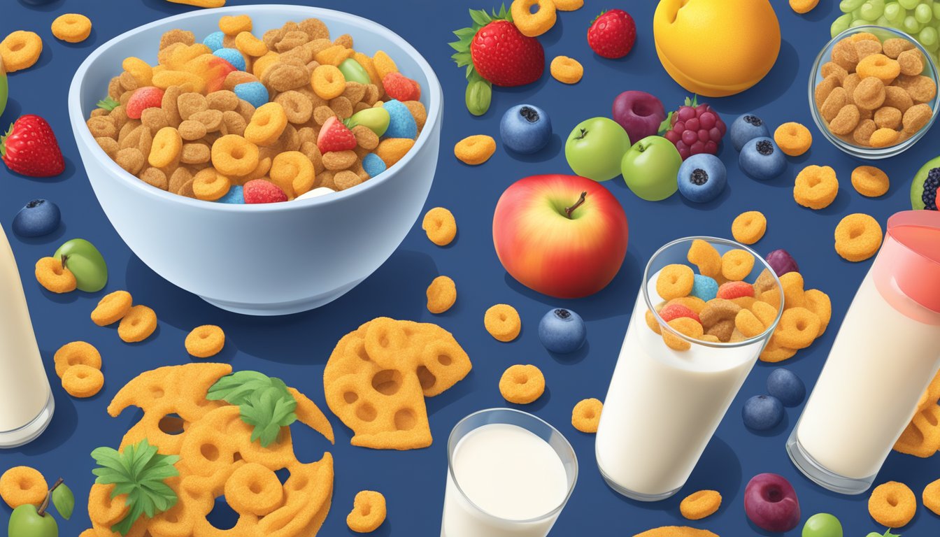 A bowl of Cap'n Crunch cereal surrounded by a variety of colorful fruits and a glass of milk, with a nutrition label in the background